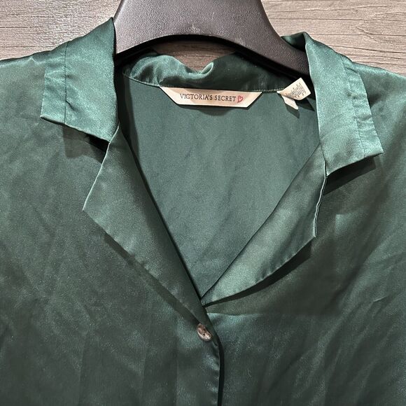 Victoria’s Secret Pajama Shirt Womens Large Emerald Green Satin Sleep Button Up - Picture 4 of 7